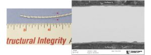 Figure 1. As received image of the metallic component and overall micrograph of the component cross-section red arrows show the cross-section location | Manufacturing – Supply Chain Upsets