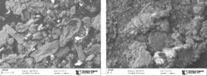 Figure 3. SEM images of material removed directly from the filter (left) and particles from the evaporated MEK (right) B | Process Upsets – Condition Analysis